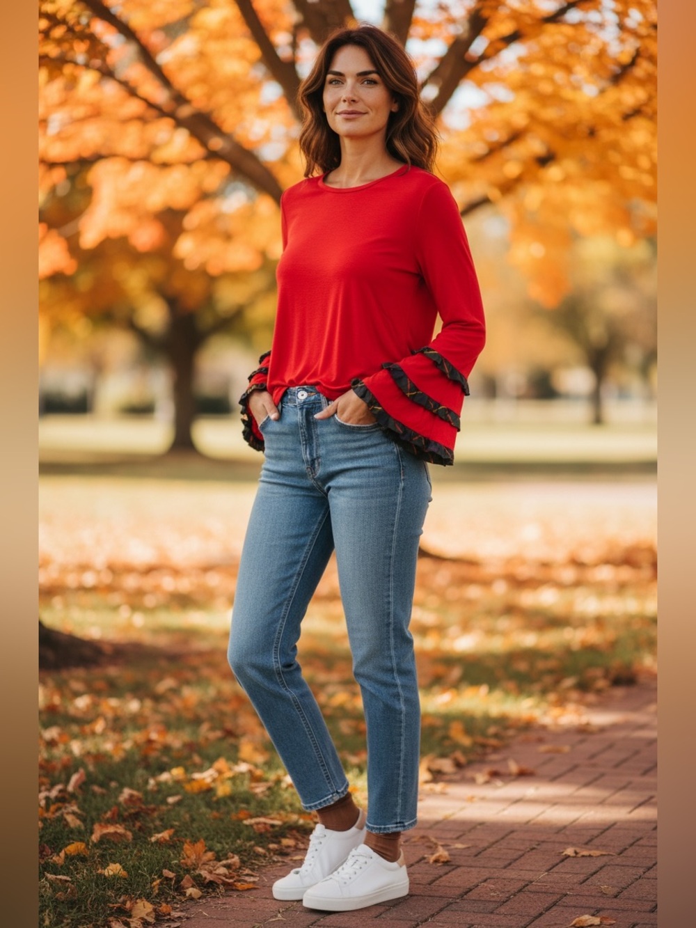 crown & ivy Red Long-Sleeve Top with Blue Ruffle Trim Belle Sleeves